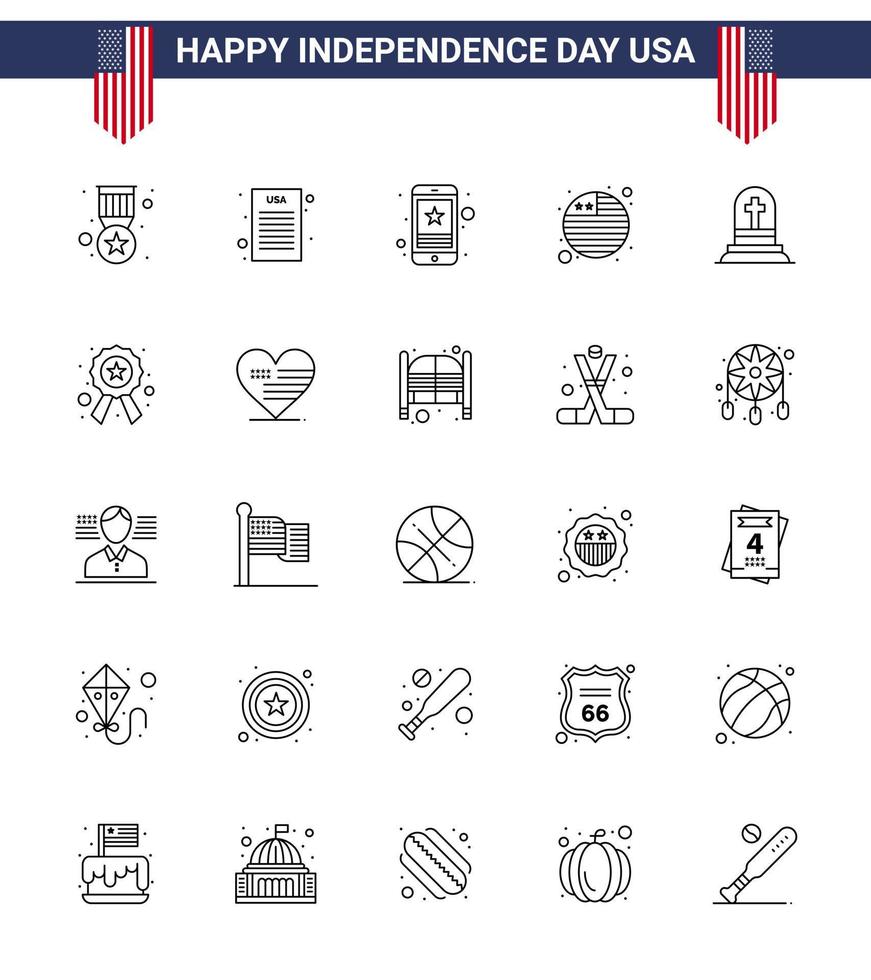 pack d'icônes vectorielles stock de jour américain 25 signes et symboles de ligne pour pierre tombale étoile de la mort drapeau international pays éléments de conception vectoriels modifiables usa day vecteur