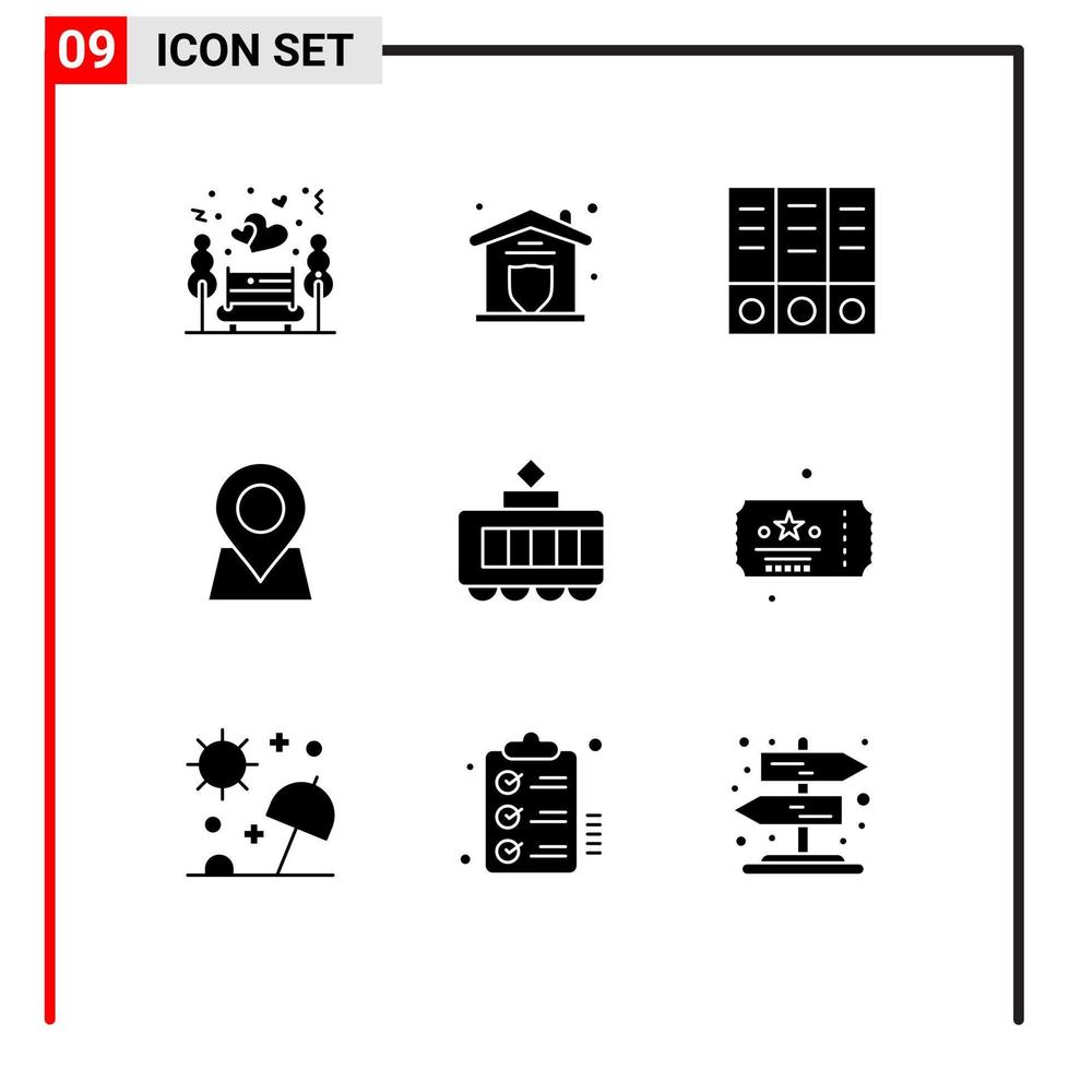 ensemble moderne de 9 glyphes et symboles solides tels que les éléments de conception vectoriels modifiables de la carte des épingles d'archives de chemin de fer de transport vecteur