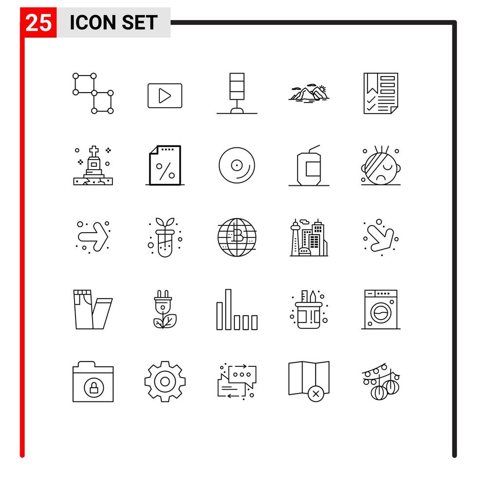 ligne d'interface mobile ensemble de 25 pictogrammes de données soir intérieur nature colline éléments de conception vectoriels modifiables vecteur