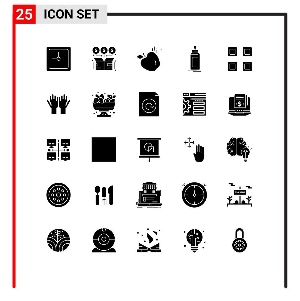 pack de glyphes solides de 25 symboles universels de mise en page lait pomme biberon éléments de conception vectoriels modifiables vecteur