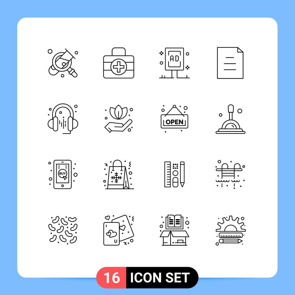 ensemble de pictogrammes de 16 contours simples d'éléments de conception vectoriels modifiables de document de texte de panneau d'affichage de casque sonore vecteur