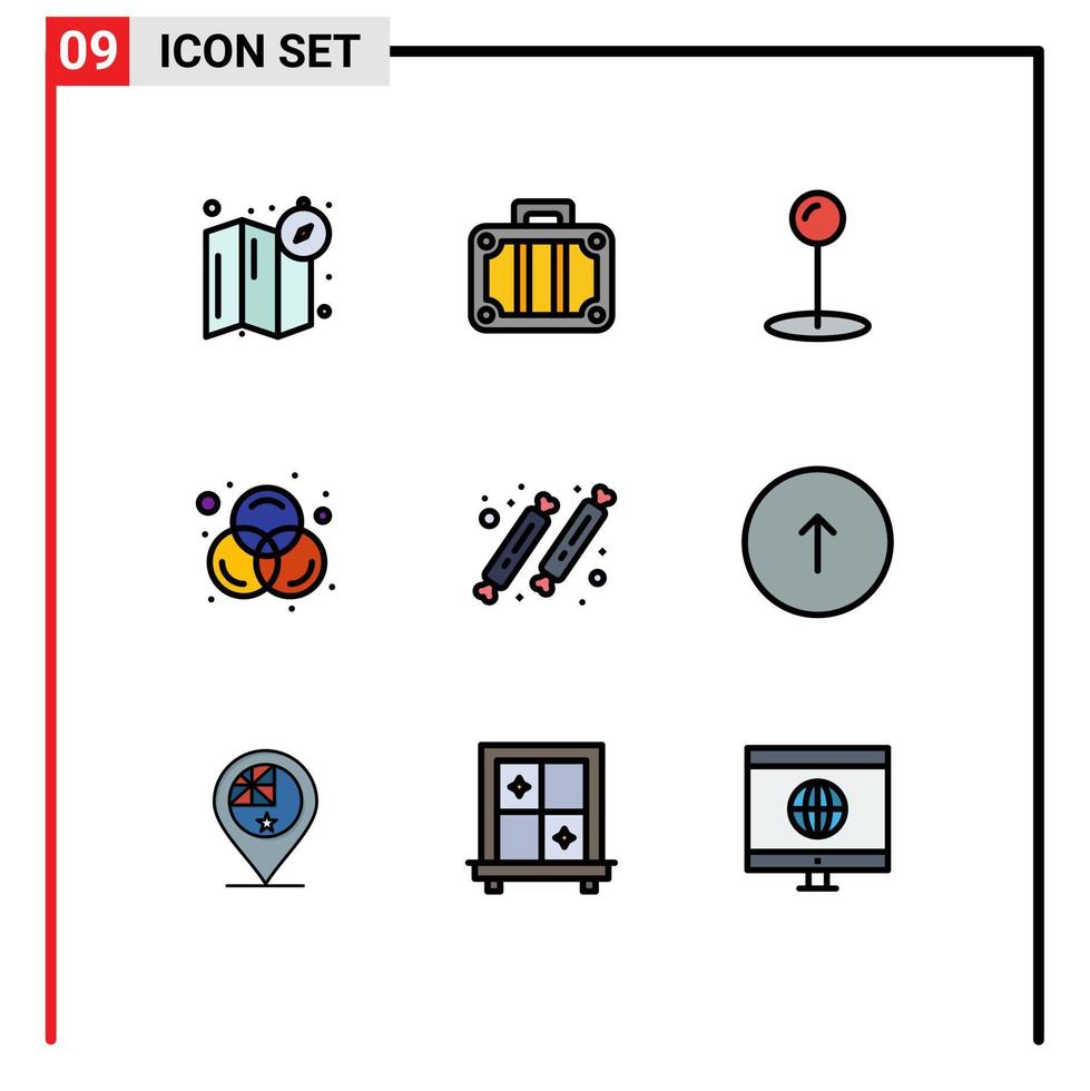 ensemble moderne de 9 pictogrammes de couleurs plates remplies d'éléments de conception vectoriels modifiables de bonbons de fête de broche de restaurant de flèche vecteur