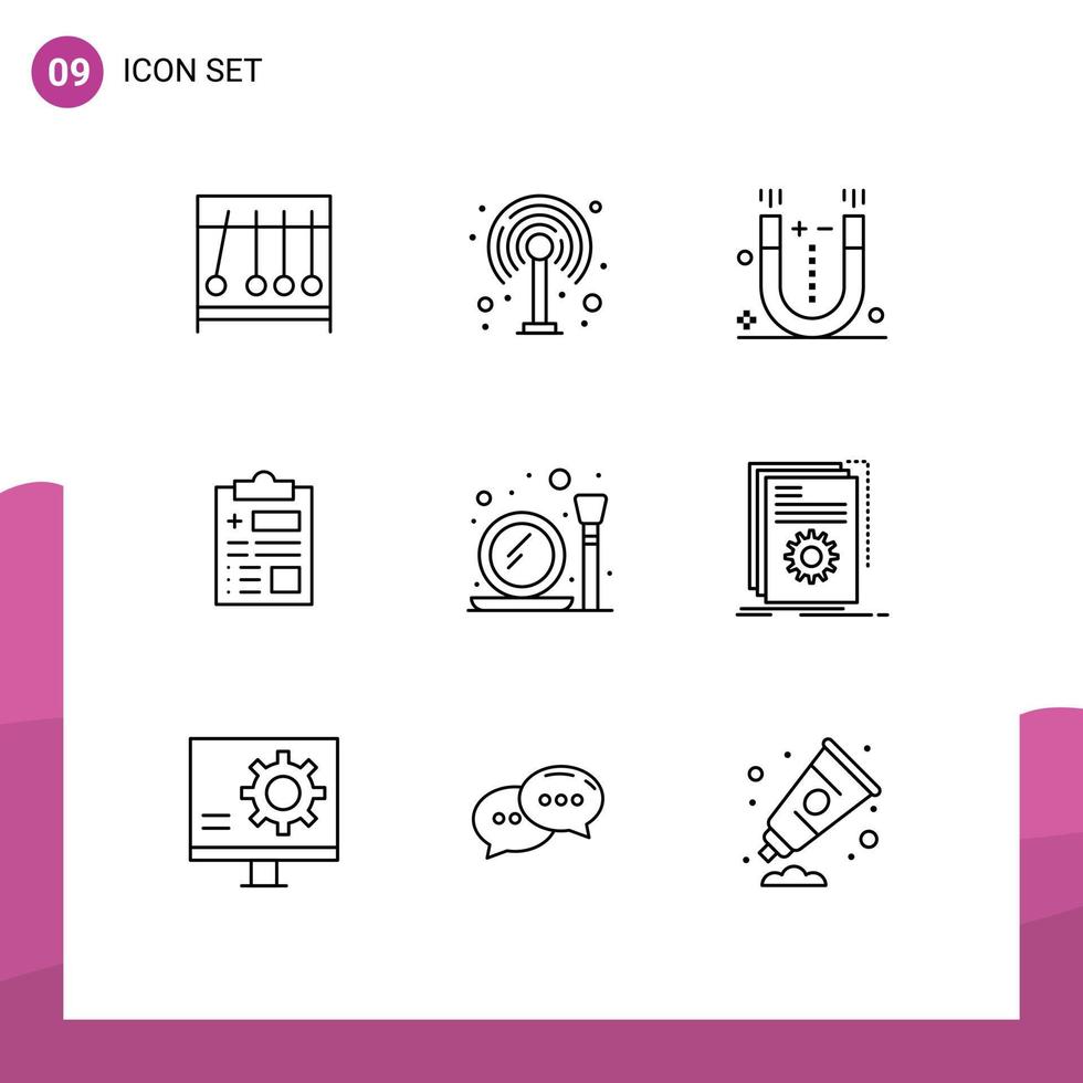 pack de 9 contours créatifs d'éléments de conception vectoriels modifiables d'enregistrement de soins de santé d'aimant en verre miroir vecteur