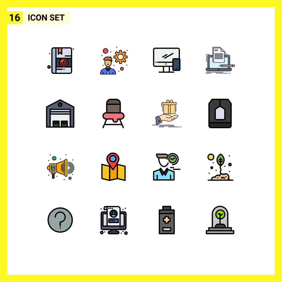 pictogramme ensemble de 16 lignes simples remplies de couleur plate de liste d'appareils en papier logistique codant des éléments de conception vectoriels créatifs modifiables vecteur