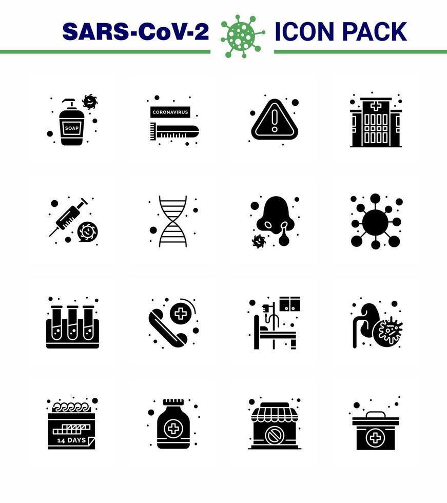 16 ensemble noir de glyphes solides d'icônes épidémiques de virus corona telles que l'hôpital d'erreur de coronavirus syring bâtiment coronavirus viral 2019nov éléments de conception de vecteur de maladie