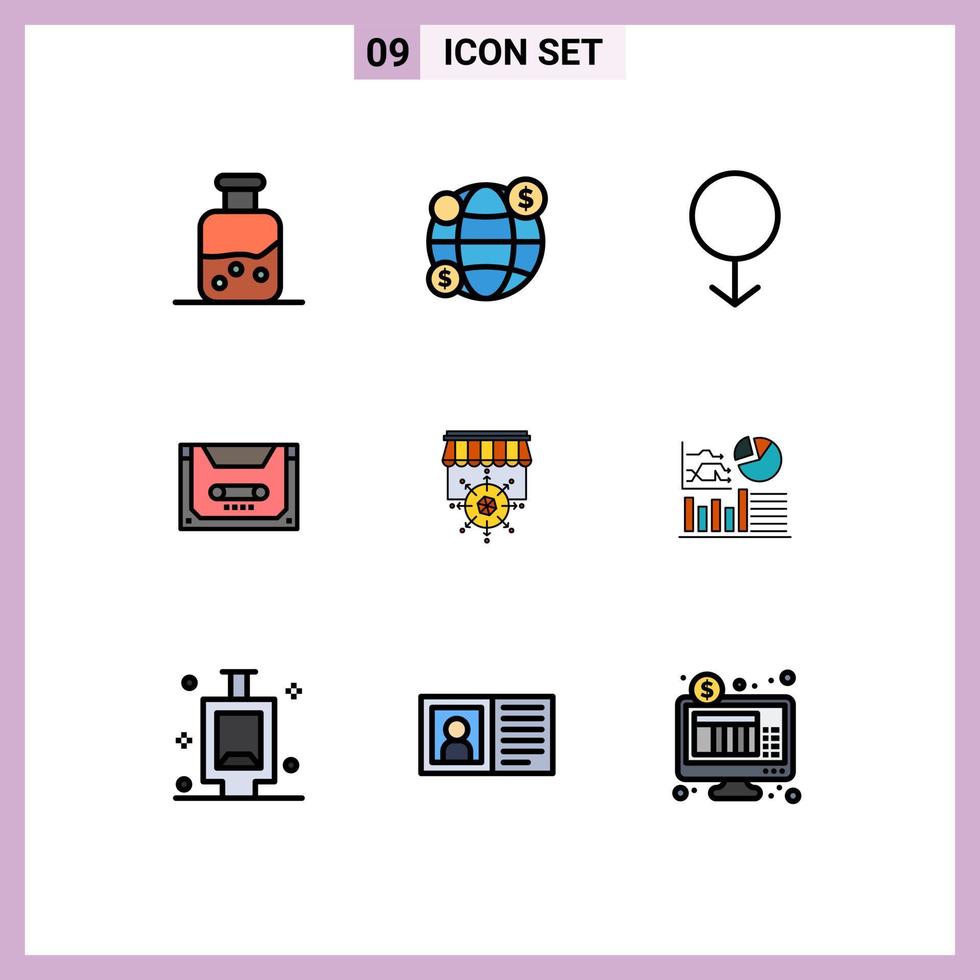pack de couleurs plates remplies de 9 symboles universels d'éléments de conception vectoriels modifiables de cassette de plate-forme masculine de magasin d'objectifs vecteur