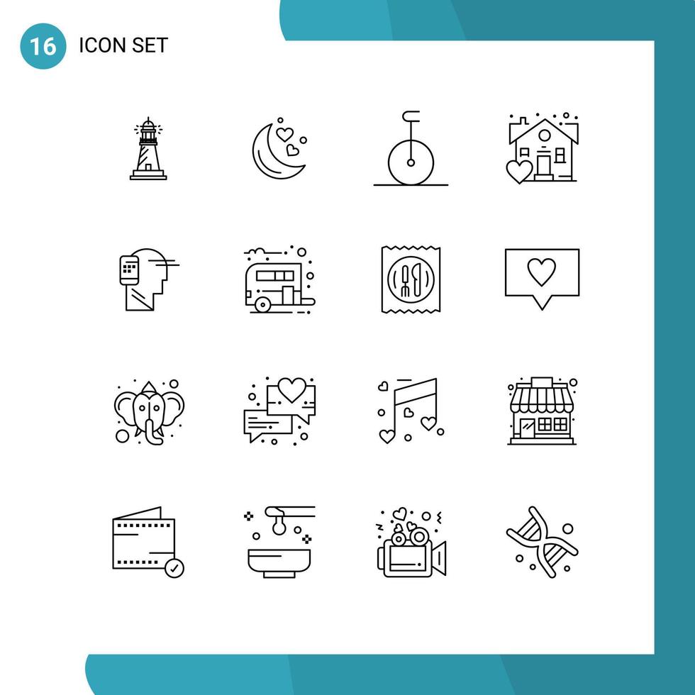groupe de 16 contours signes et symboles pour la communication humaine nuit romantique immobilier éléments de conception vectoriels modifiables vecteur