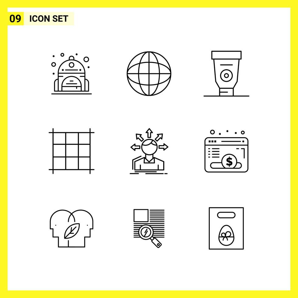 9 jeu d'icônes. symboles de lignes simples. signe de contour sur fond blanc pour les applications mobiles de conception de sites Web et les médias imprimés. vecteur