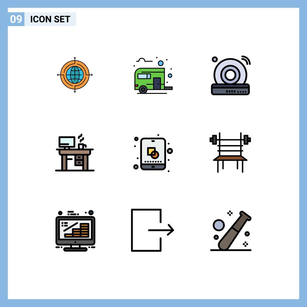 ensemble moderne de 9 pictogrammes de couleurs plates remplies d'éléments de conception vectoriels modifiables pour ordinateur portable d'été de bureau de conception vecteur