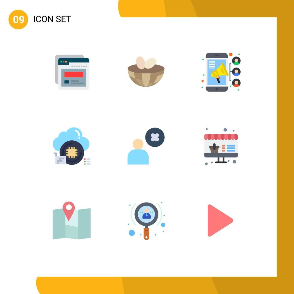 ensemble moderne de 9 couleurs et symboles plats tels que supprimer les éléments de conception vectoriels modifiables du nuage de puce de connexion de données utilisateur vecteur