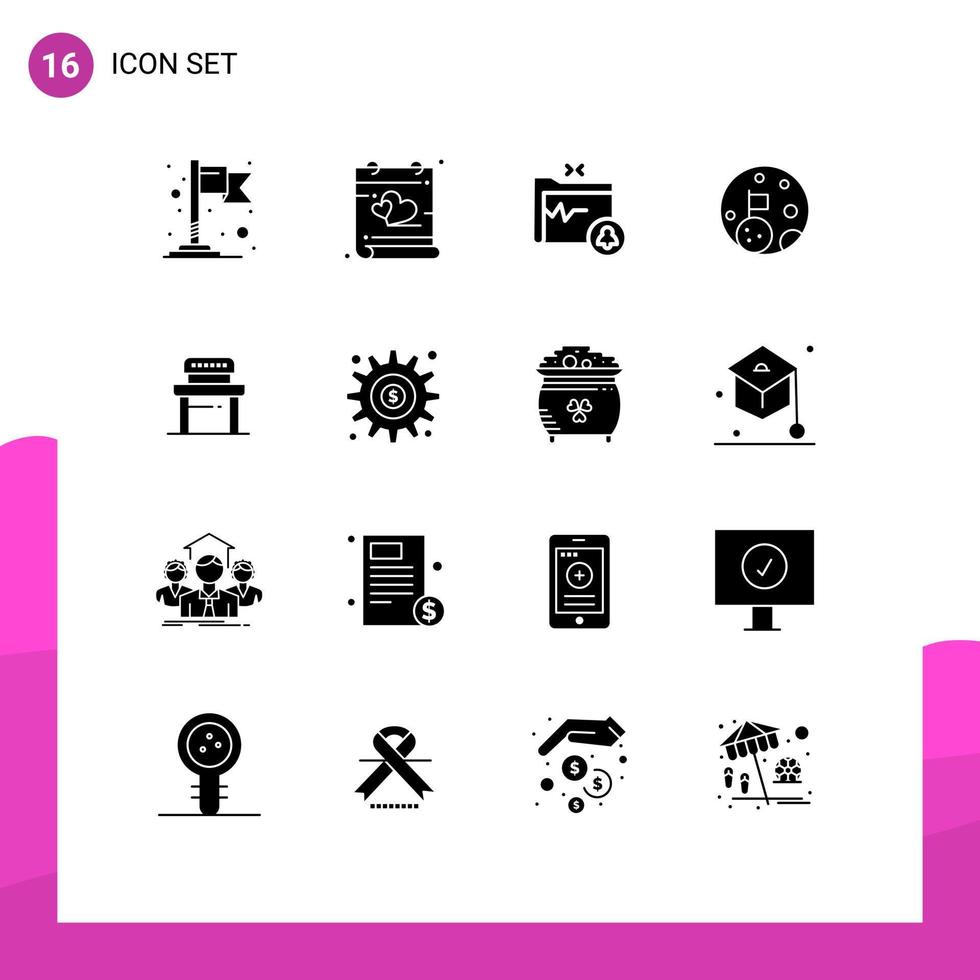 pack de glyphes solides de 16 symboles universels de chaise bureau dossier planète drapeau éléments de conception vectoriels modifiables vecteur