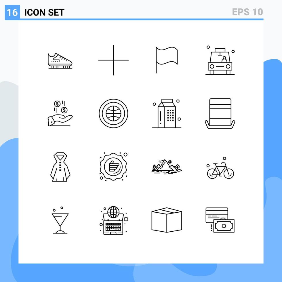 aperçu de l'interface mobile ensemble de 16 pictogrammes d'éléments de conception vectorielle modifiables gps de base de taxi dollar vecteur