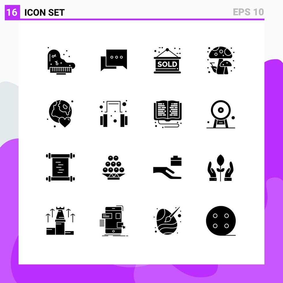 16 concept de glyphe solide pour les sites Web mobile et applications journée monde vendu signe globe champignons éléments de conception vectoriels modifiables vecteur