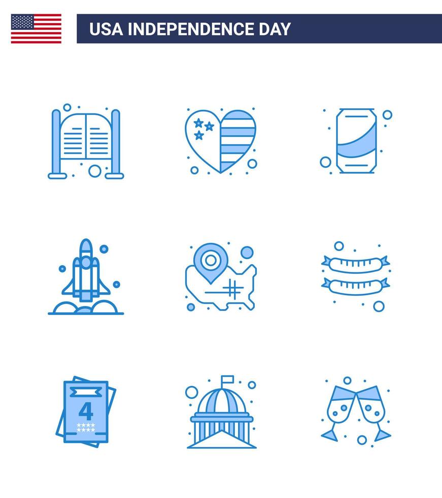 joyeux jour de l'indépendance 4 juillet ensemble de 9 blues américain pictogramme de vaisseau spatial usa usa fusée cola modifiable usa day vector design elements