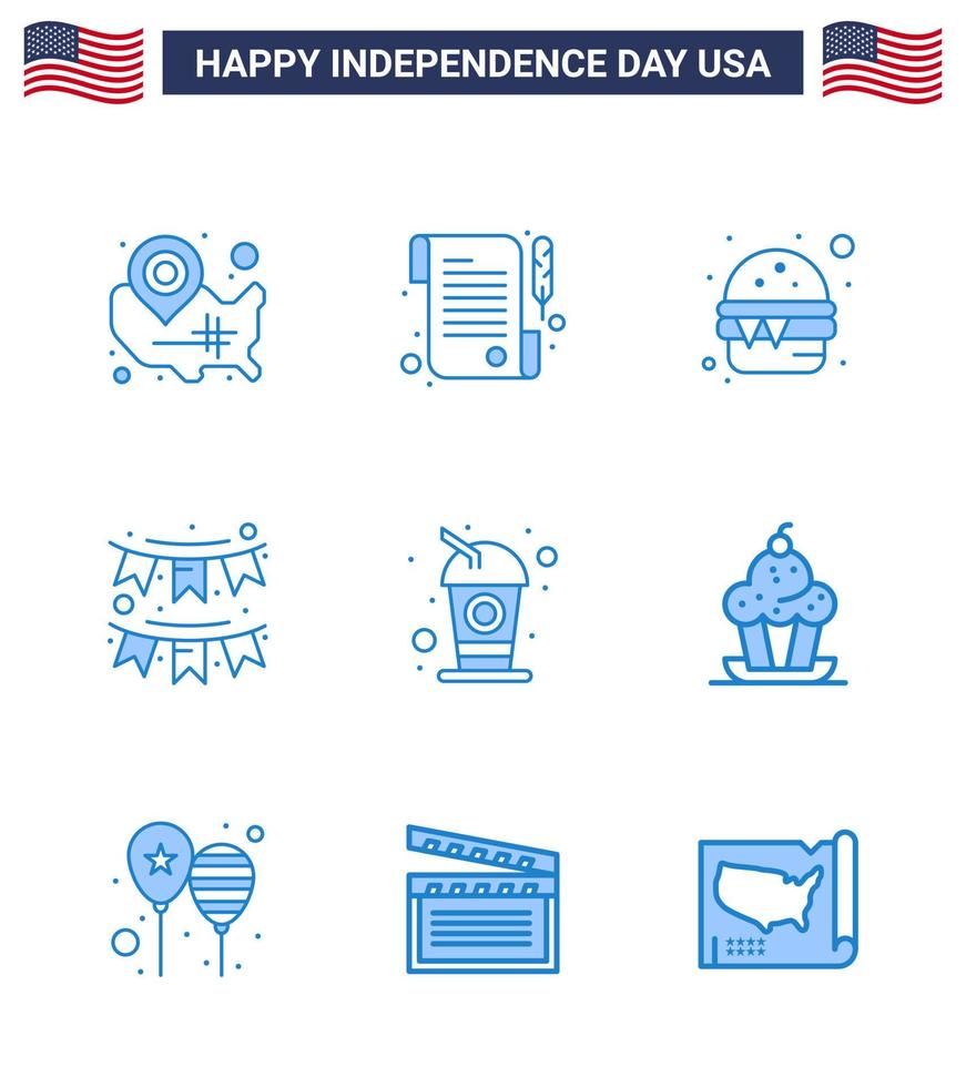 gros pack de 9 usa joyeux jour de l'indépendance usa vector blues et symboles modifiables de bouteille fête burger décoration américain modifiable usa day vector design elements