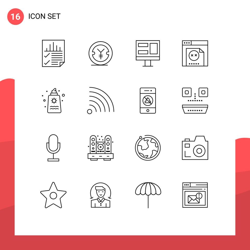 16 ensemble de contours d'interface utilisateur de signes et symboles modernes d'erreur de site Web d'argent de crème solaire de parc éléments de conception vectoriels modifiables vecteur