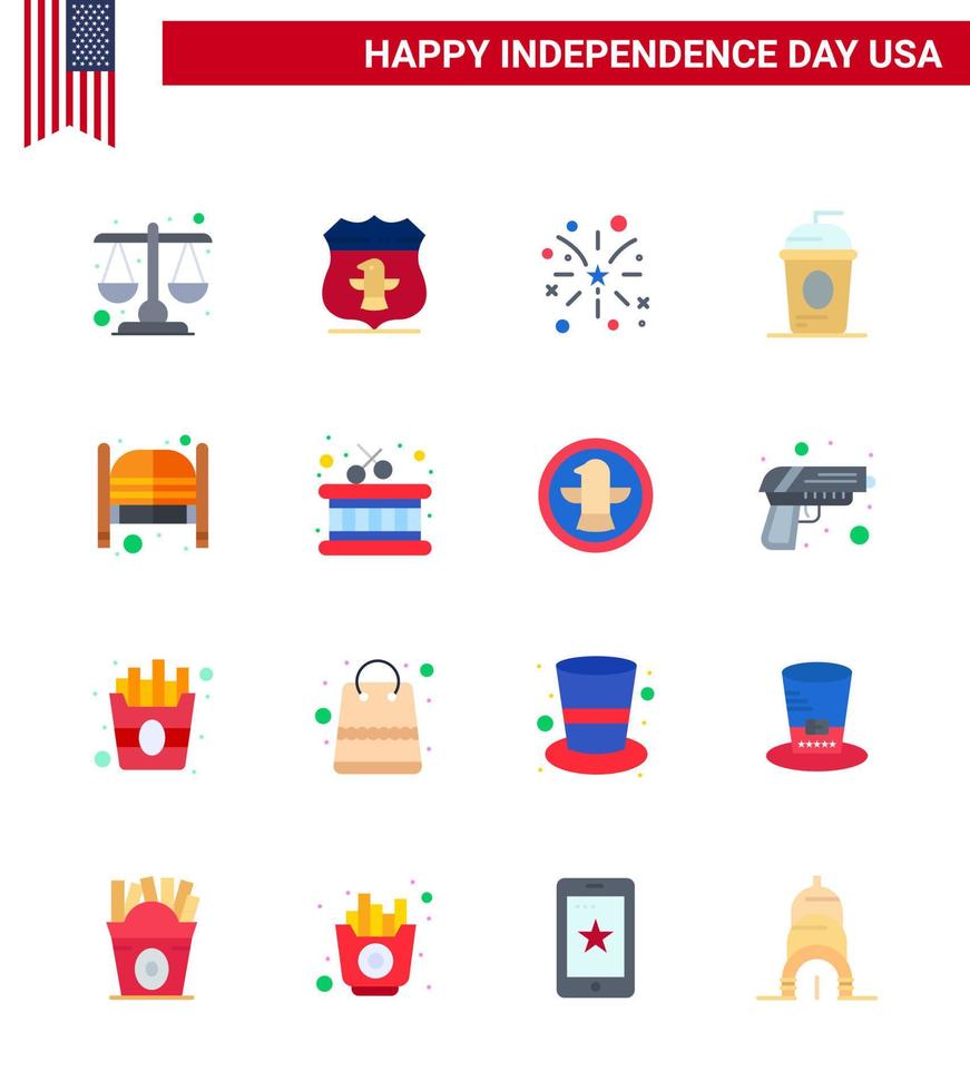 pack plat de 16 symboles de la fête de l'indépendance des états-unis de bar vacances feu d'artifice boisson gâteau modifiable usa day vector design elements