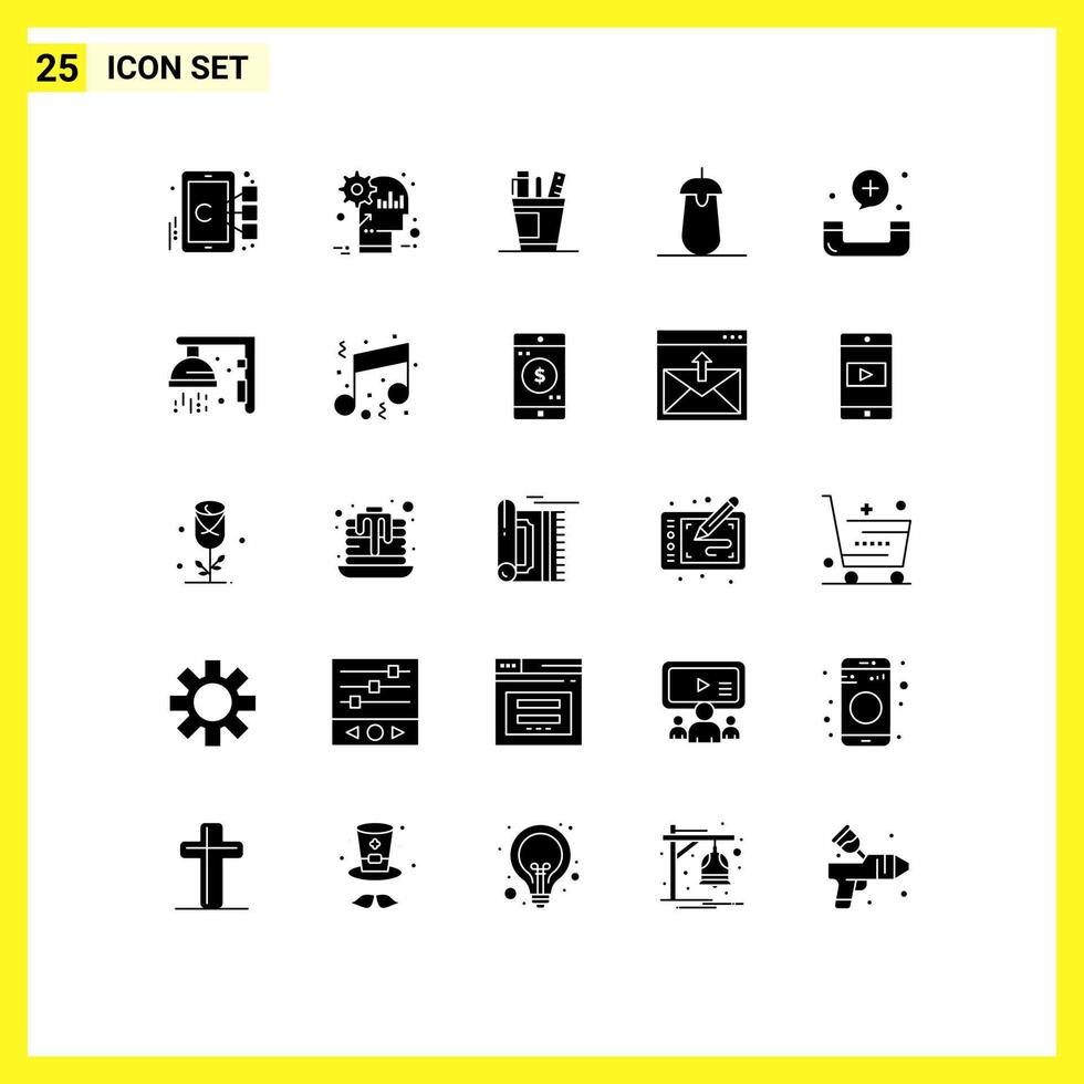 interface mobile glyphe solide ensemble de 25 pictogrammes d'outils délicieux organisateur d'approvisionnement de productivité éléments de conception vectoriels modifiables vecteur