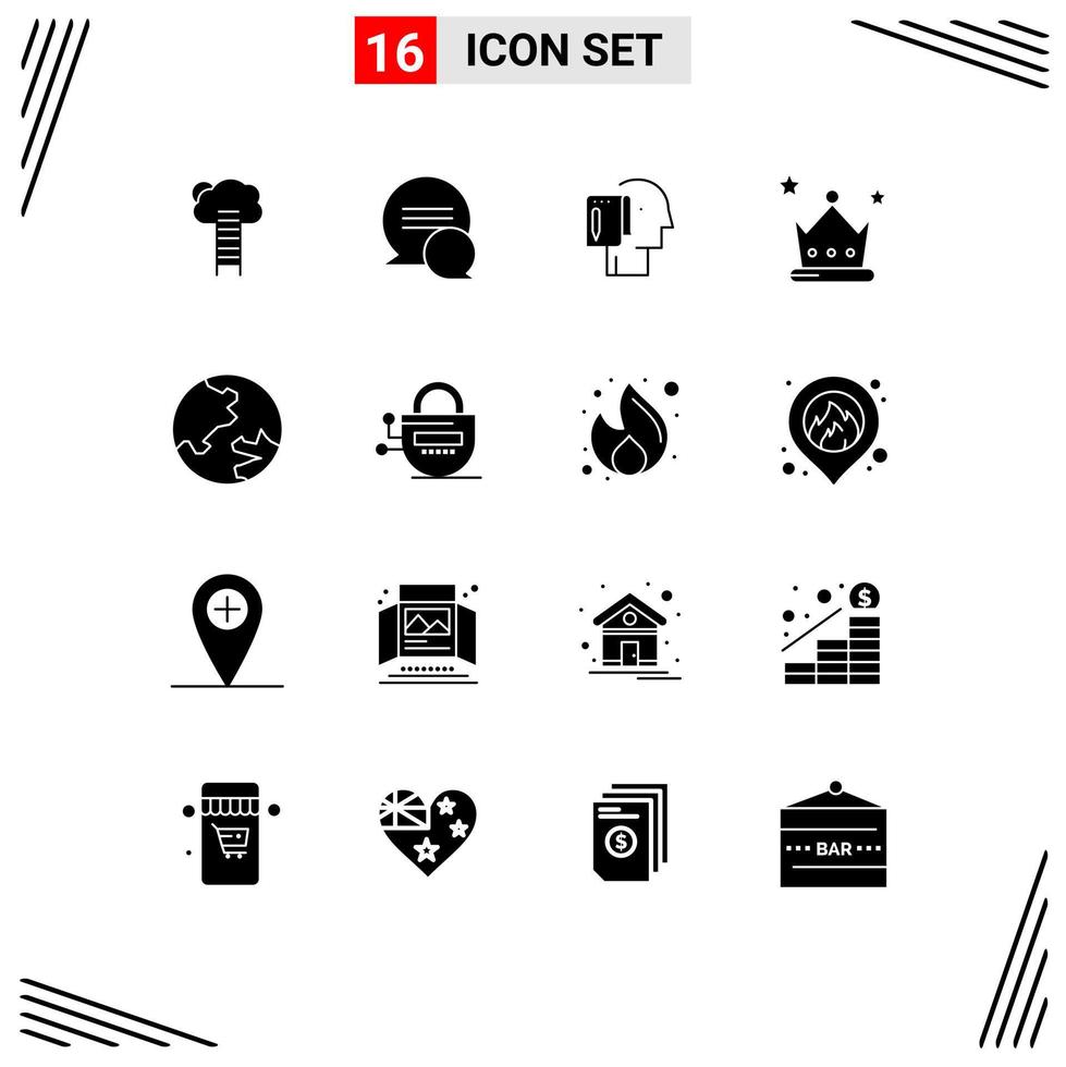 interface mobile glyphe solide ensemble de 16 pictogrammes de réalisation de la couronne liste de début de conversation éléments de conception vectoriels modifiables vecteur