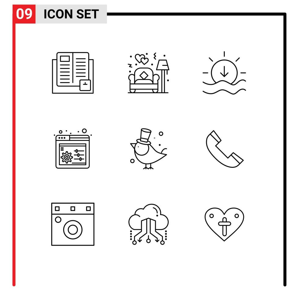 aperçu de l'interface mobile ensemble de 9 pictogrammes de paramètres d'amour d'oiseau de compagnie éléments de conception vectoriels modifiables de contrôle web vecteur