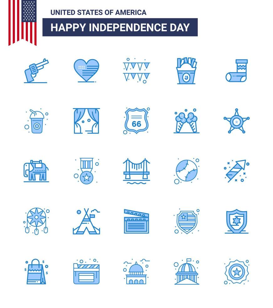 joyeux jour de l'indépendance 4 juillet ensemble de 25 pictogrammes blues américains de festivité célébration festival usa fastfood modifiable usa day vector design elements