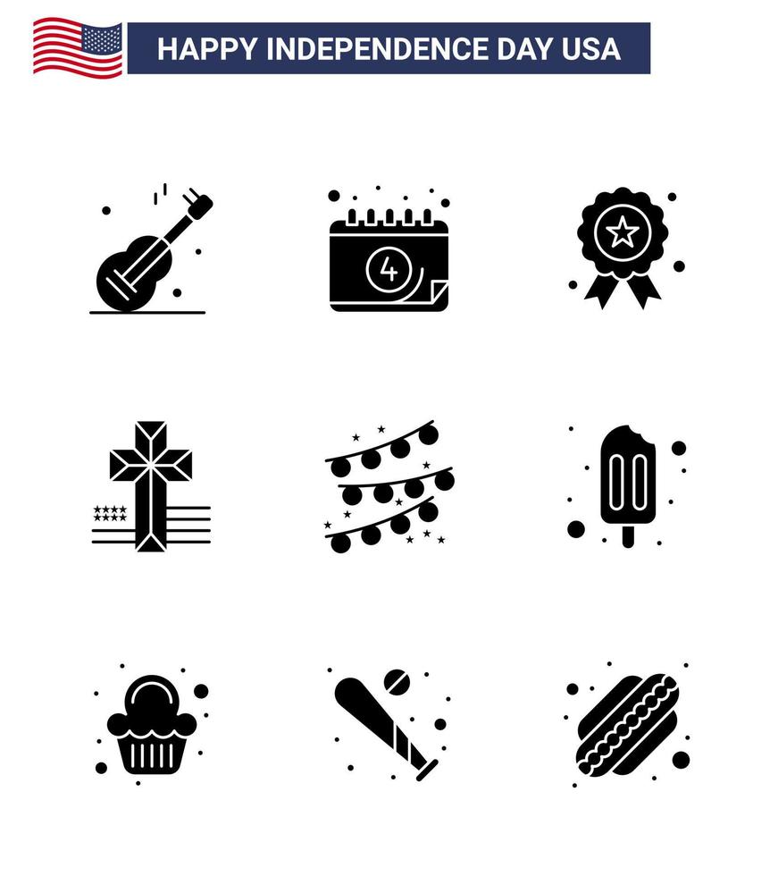 9 signes de glyphes solides pour la fête de l'indépendance des États-Unis vecteur