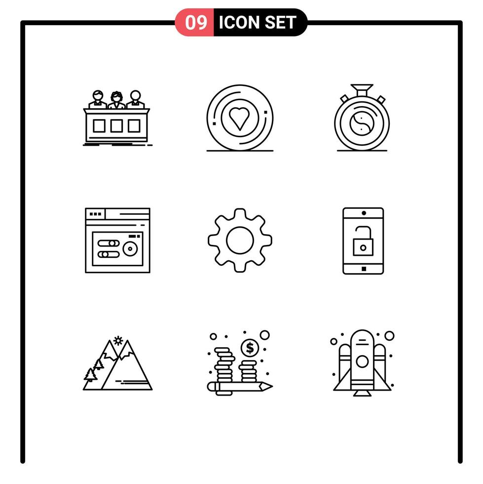 9 ensemble de contours d'interface utilisateur de signes et symboles modernes de cog seo autocollant performance pratique éléments de conception vectoriels modifiables vecteur