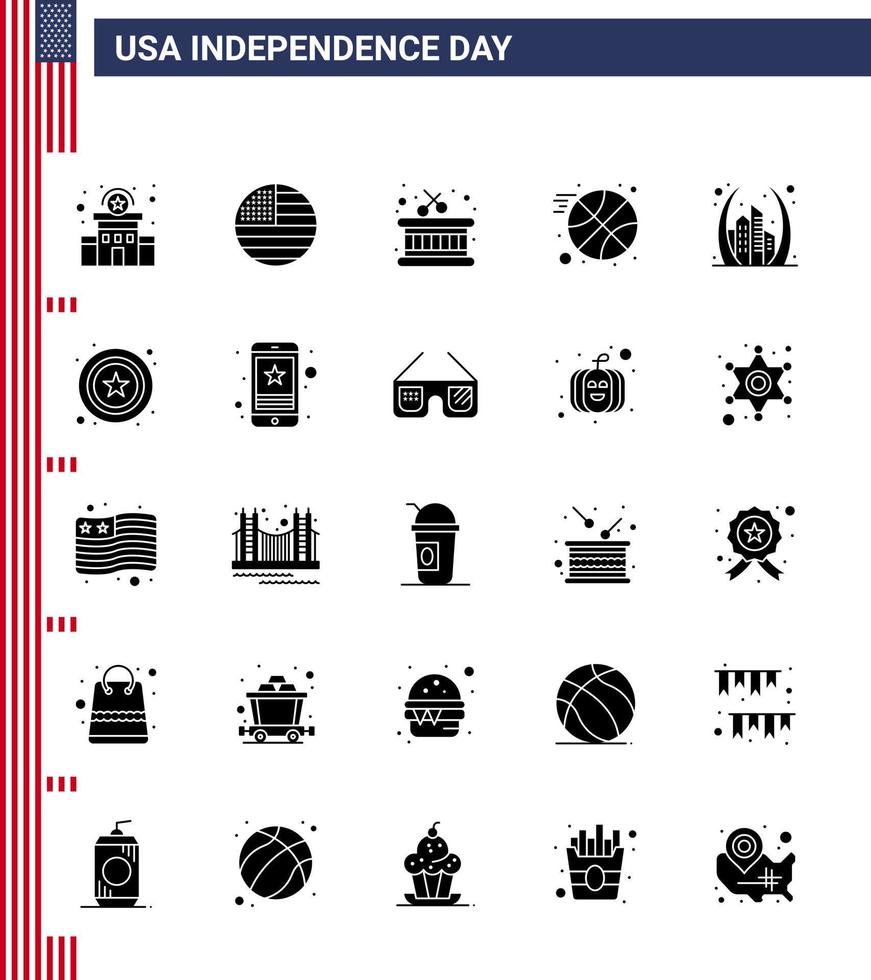 joyeux jour de l'indépendance 4 juillet ensemble de 25 pictogrammes américains de glyphe solide de bâtiment emblématique boule d'arche de tambour modifiable éléments de conception vectorielle de la journée des états-unis vecteur