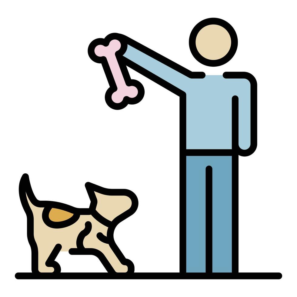 l'homme donne de l'os au vecteur de contour de couleur de l'icône de chien