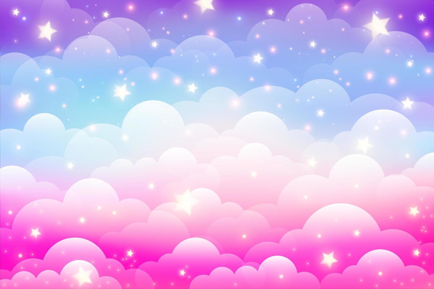fond de licorne arc-en-ciel avec nuages et étoiles. ciel de couleur pastel. paysage magique, motif fabuleux abstrait. joli fond d'écran de bonbons. vecteur. vecteur