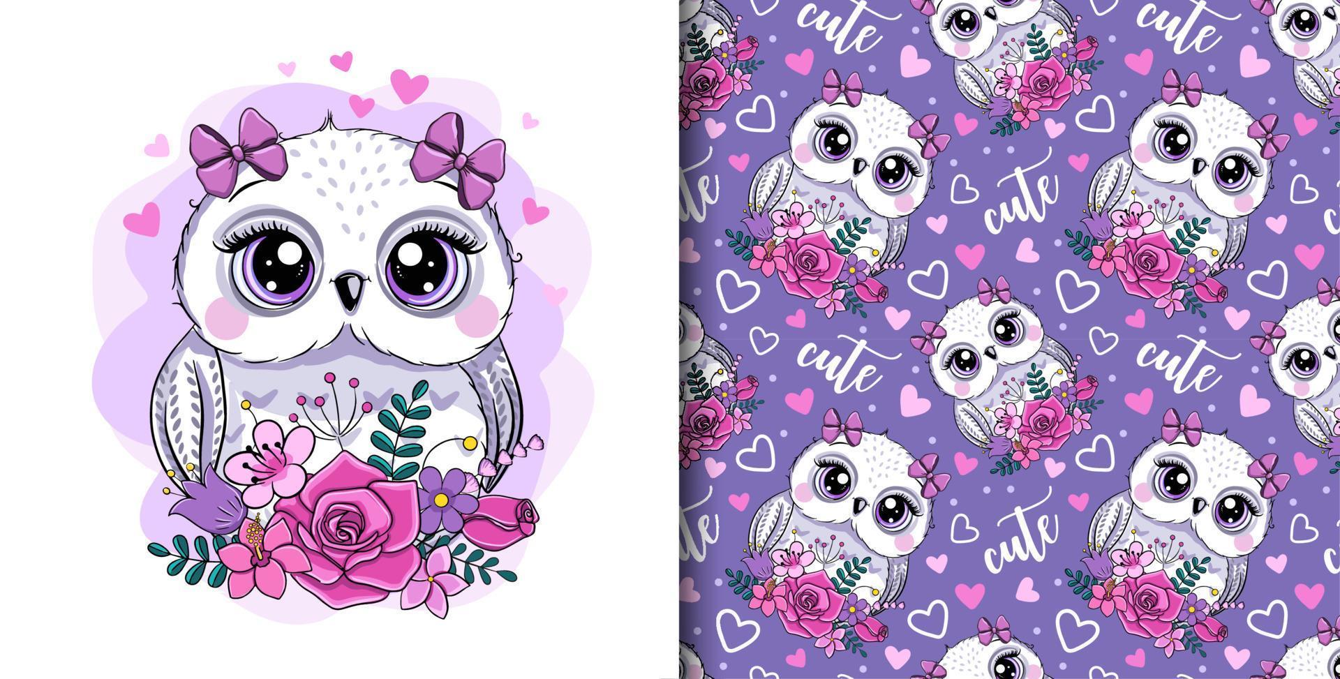 petit hibou mignon et fleurs. modèle sans couture. carte d'anniversaire de voeux ou conception de vêtements pour enfants. vecteur