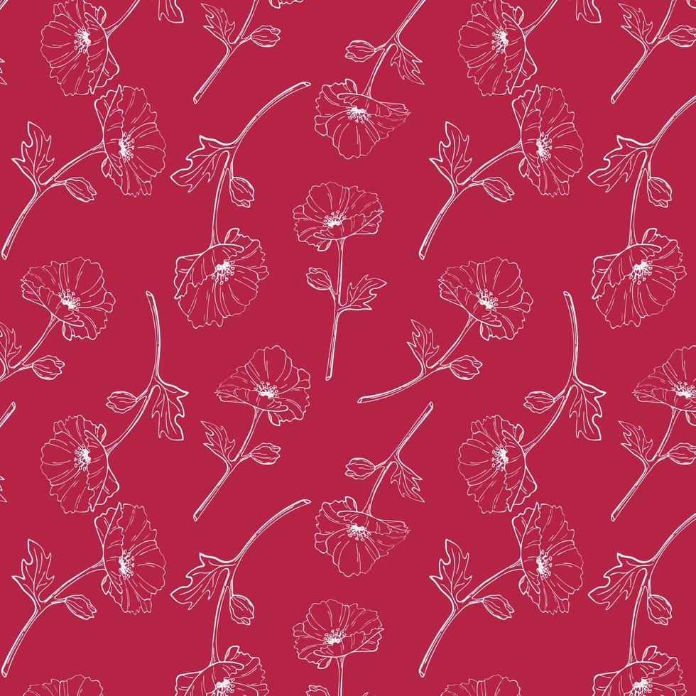 motif viva magenta couleur de l'année 2023 avec contour de fleur de pavot blanc. vecteur