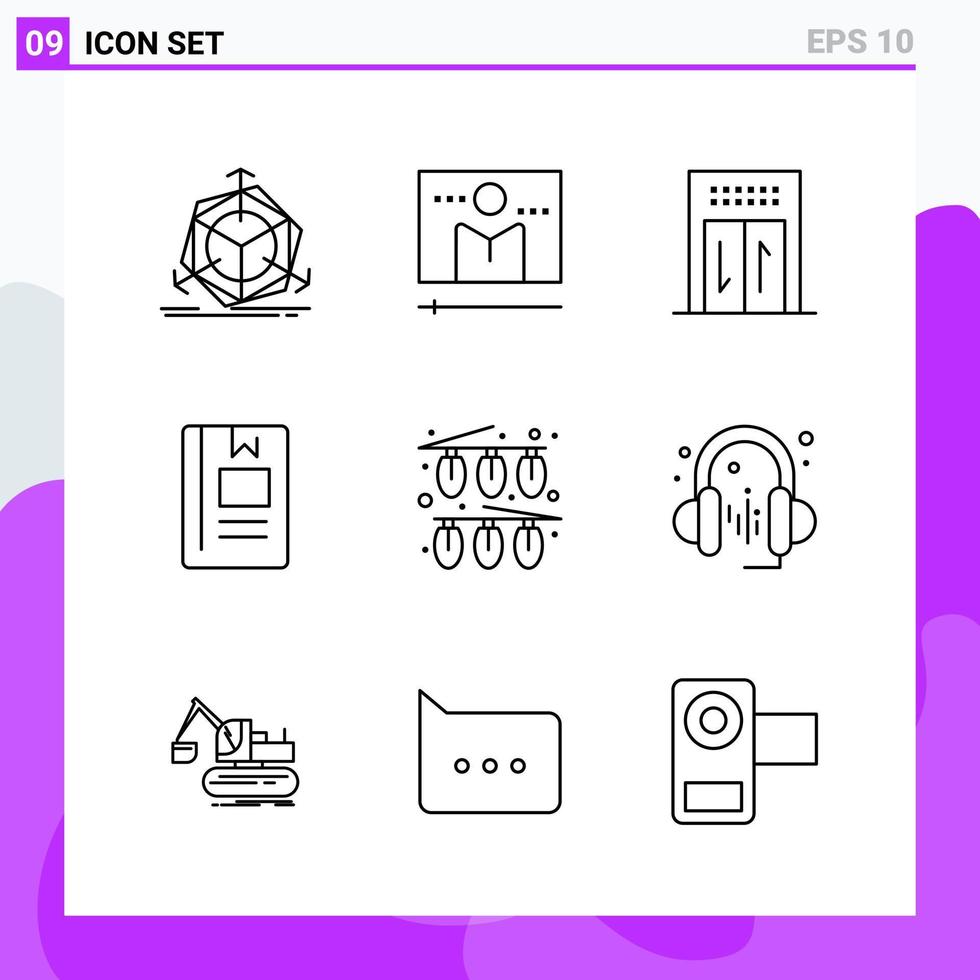 ensemble de 9 icônes dans le style de ligne symboles de contour créatifs pour la conception de sites Web et les applications mobiles signe d'icône de ligne simple isolé sur fond blanc 9 icônes fond de vecteur d'icône noire créative