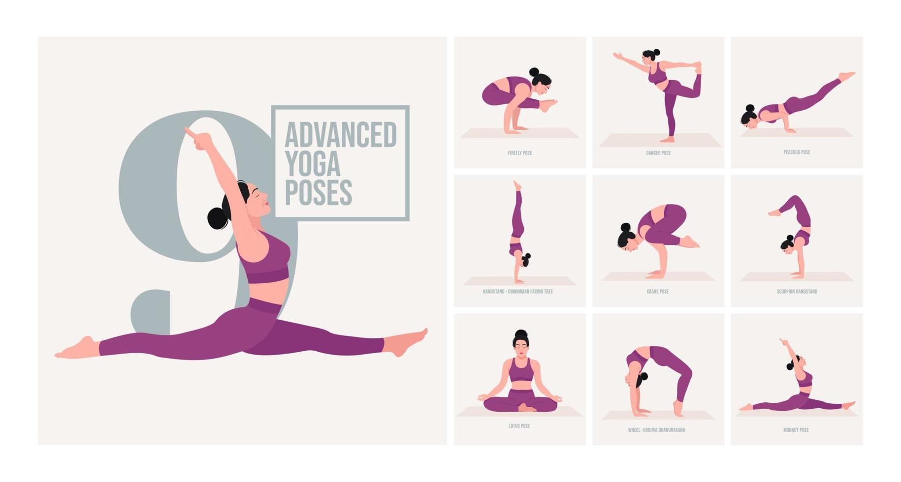 postures de yoga avancées. jeune femme pratiquant la pose de yoga. fitness d'entraînement de femme, aérobie et exercices. vecteur