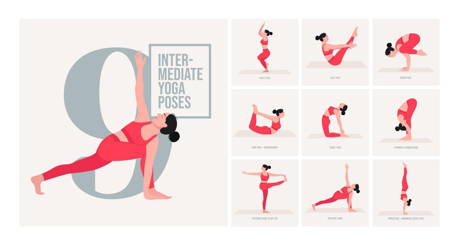 postures intermédiaires de yoga. jeune femme pratiquant la pose de yoga. fitness d'entraînement de femme, aérobie et exercices. vecteur