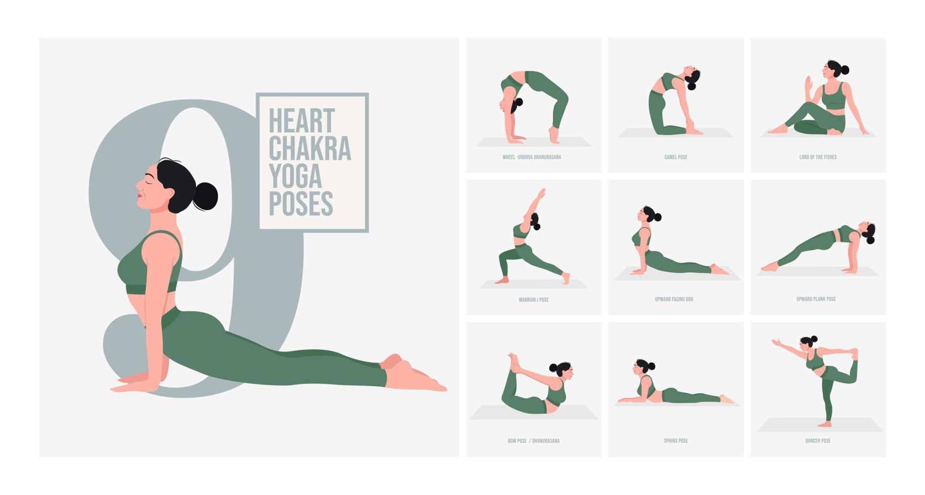 postures de yoga du chakra du cœur. jeune femme pratiquant la pose de yoga. fitness d'entraînement de femme, aérobie et exercices. vecteur