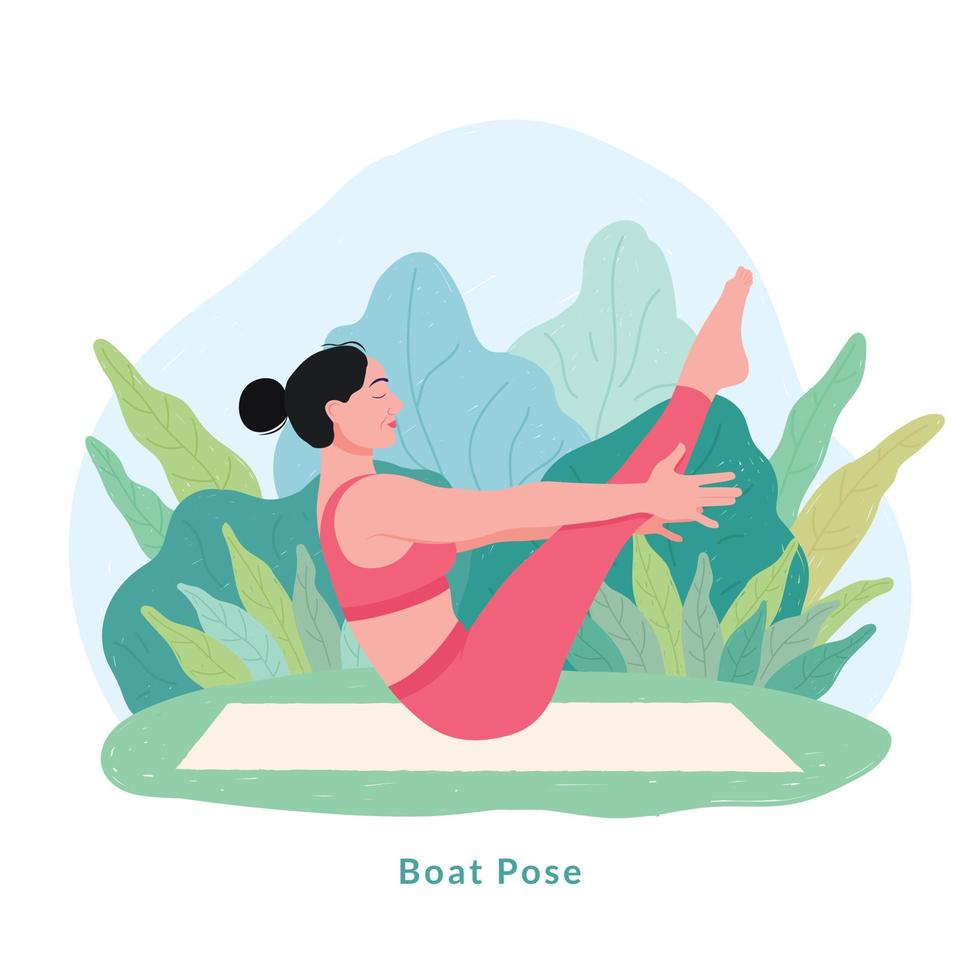 pose de yoga en bateau. jeune femme femme faisant du yoga pour la célébration de la journée du yoga. vecteur