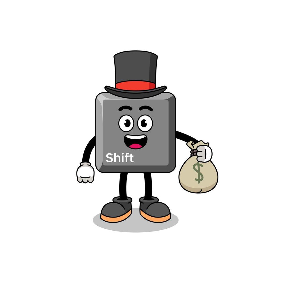 illustration de mascotte de touche de décalage du clavier homme riche tenant un sac d'argent vecteur