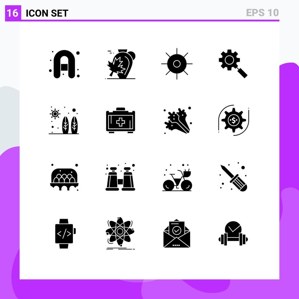 ensemble de 16 glyphes solides vectoriels sur la grille pour le réglage de l'adrénaline biologie engrenage recherche éléments de conception vectoriels modifiables vecteur