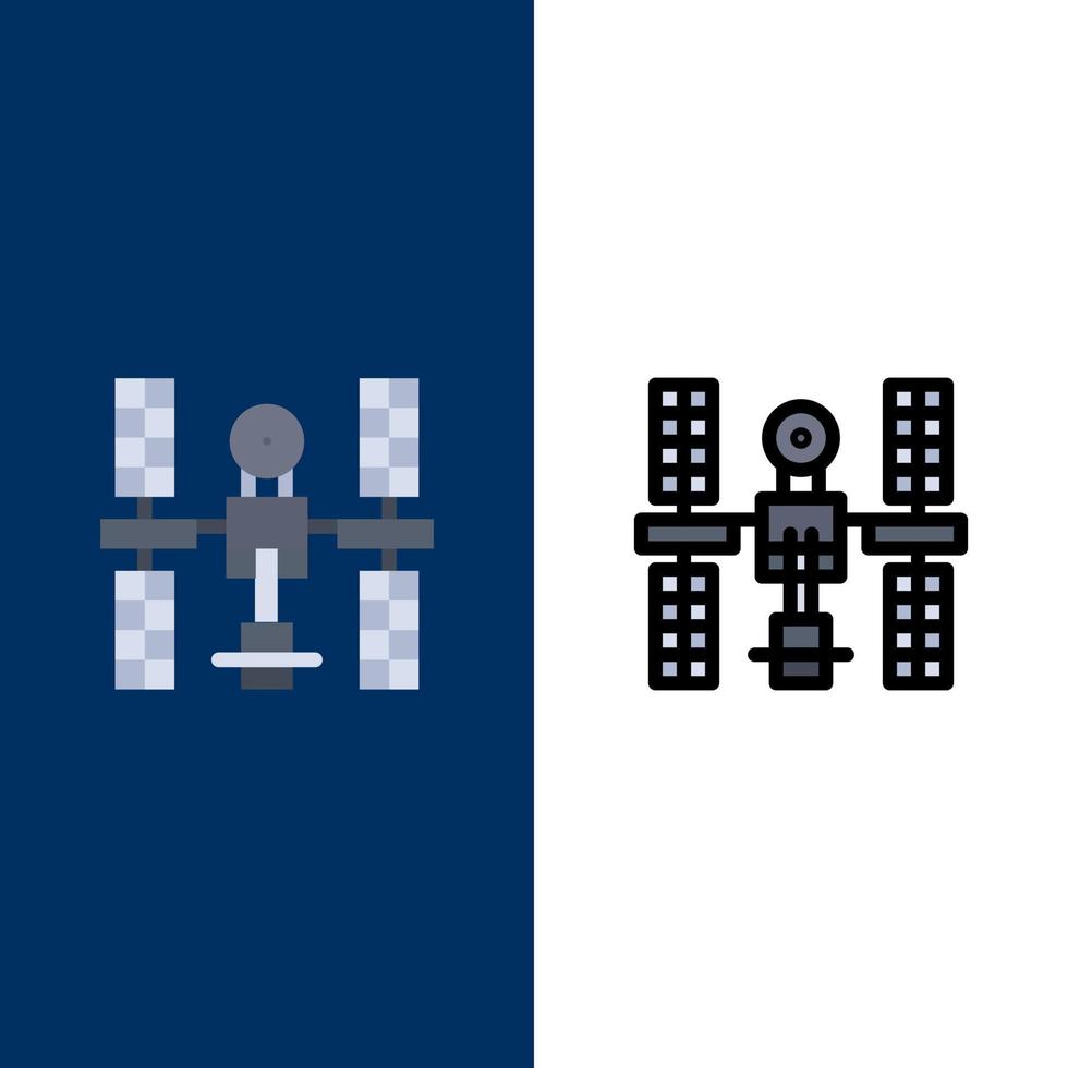 plate-forme orbitale complexe satellite espace icônes plat et ligne remplie icône ensemble vecteur fond bleu