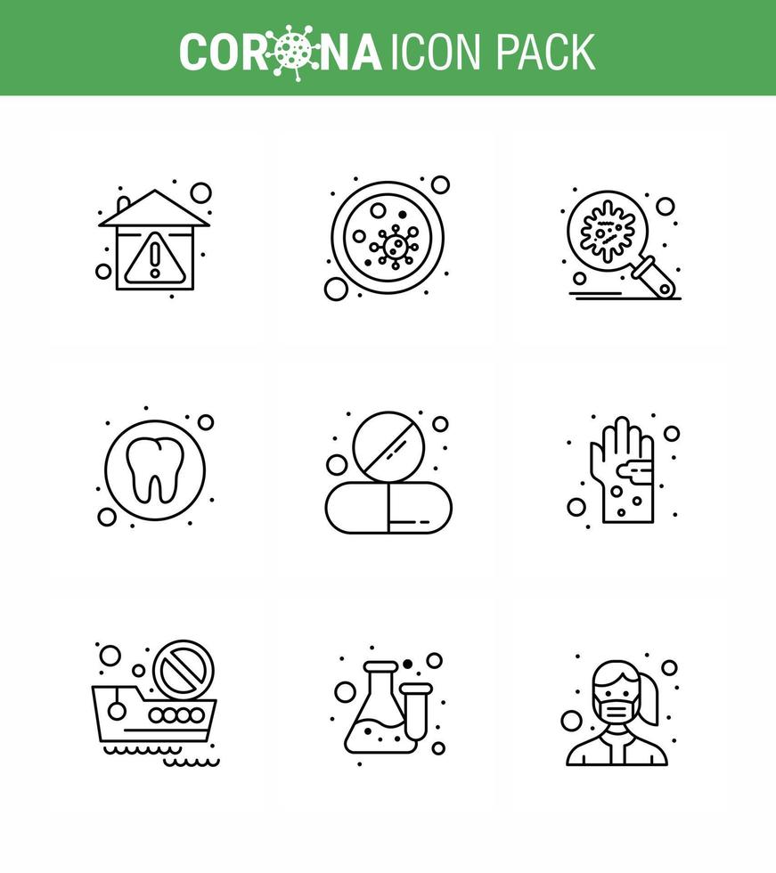 ensemble d'icônes covid19 pour l'infographie pack de 9 lignes telles que la protection contre la propagation des microbes dentaires médicaux coronavirus viral 2019nov éléments de conception de vecteur de maladie