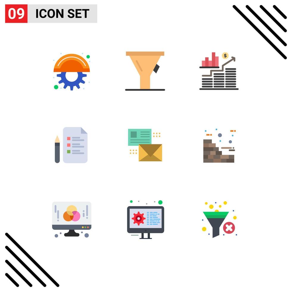 interface mobile jeu de couleurs plates de 9 pictogrammes d'éléments de conception vectoriels modifiables de l'éducation au crayon d'investissement par courrier électronique vecteur
