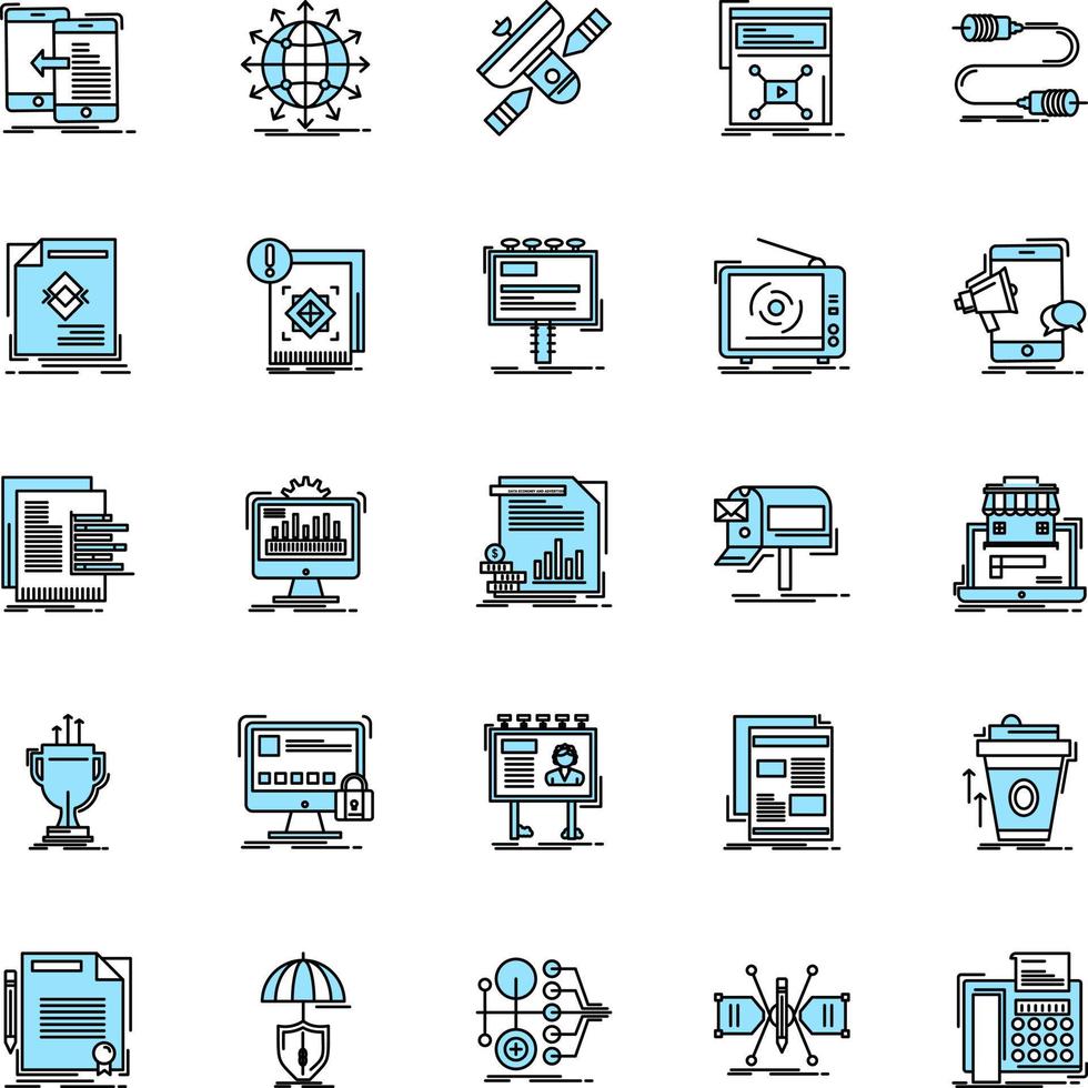 25 économie des données et médias publicitaires jeu d'icônes noir et bleu conception d'icônes créatives et modèle de logo icône noire créative fond vectoriel