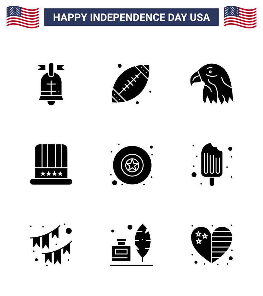 9 usa glyphe solide signes symboles de célébration de la fête de l'indépendance des états-unis militaires chapeau américain animal modifiable éléments de conception de vecteur de jour des états-unis