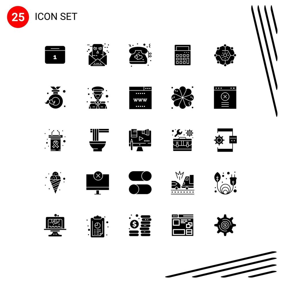 interface mobile ensemble de glyphes solides de 25 pictogrammes de partage informatique coeur calculatrice mathématique éléments de conception vectoriels modifiables vecteur