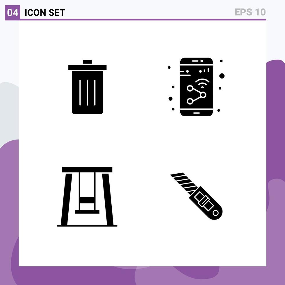 4 concept de glyphe solide pour les sites Web mobiles et applications panier wifi ordures dispositif parc éléments de conception vectoriels modifiables vecteur
