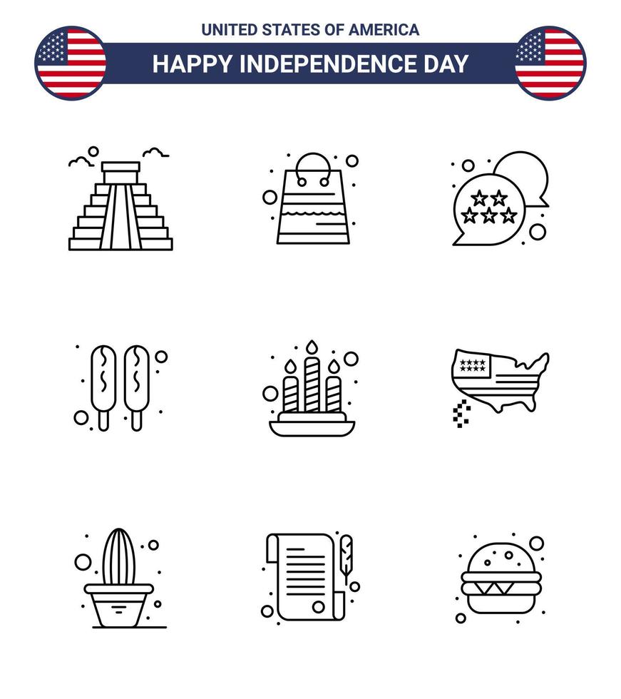 joyeux jour de l'indépendance 9 lignes pack d'icônes pour le web et l'impression lumière bougie drapeau nourriture maïs chien modifiable usa jour vecteur éléments de conception