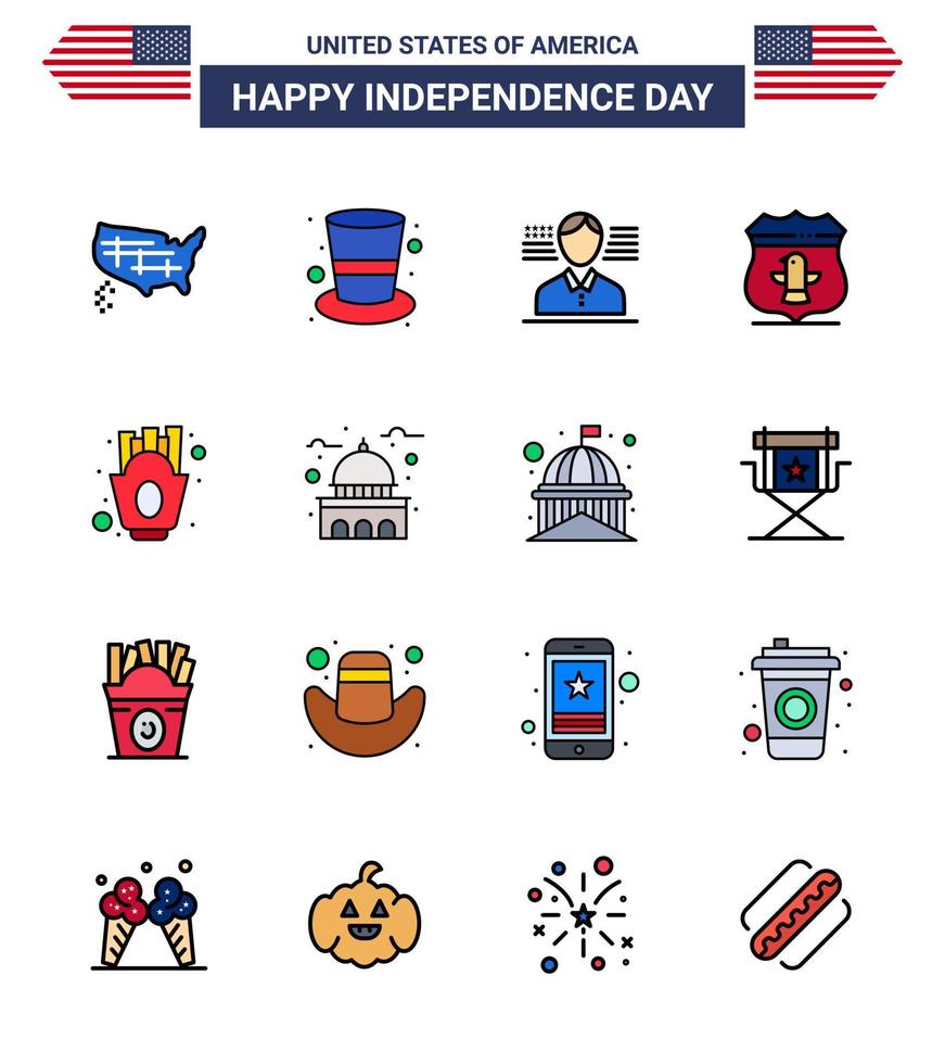 4 juillet usa joyeux jour de l'indépendance icône symboles groupe de 16 lignes modernes remplies de frites chips homme sécurité usa modifiable usa day vector design elements