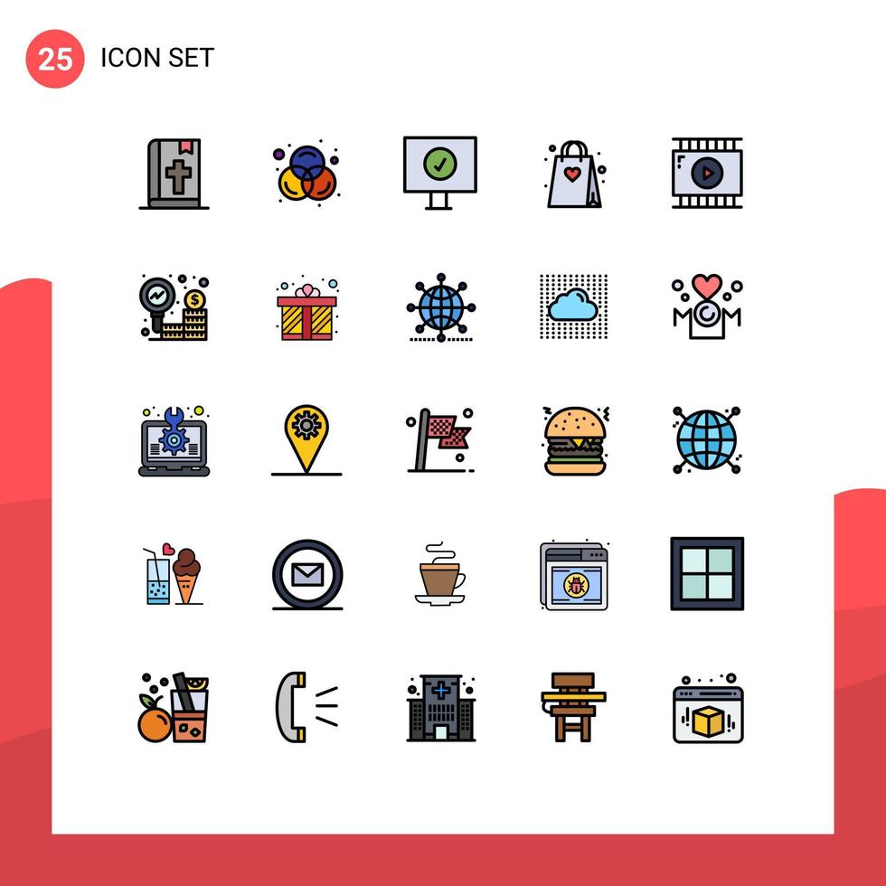 ligne remplie paquet de 25 symboles universels de conception vidéo journaliste vidéo ordinateur montage de films passe-temps éléments de conception vectoriels modifiables vecteur