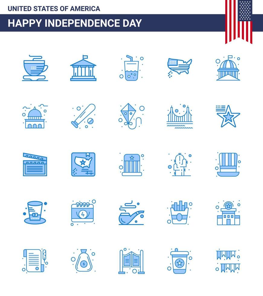 joyeux jour de l'indépendance 25 pack d'icônes blues pour le web et l'impression bâtiment historique boisson usa carte modifiable usa day vector design elements